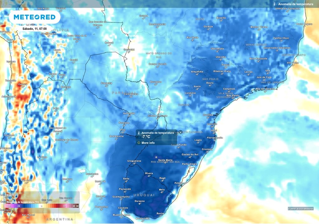 Previsão de anomalia de temperatura mínima neste sábado (11), de acordo com o ECMWF.