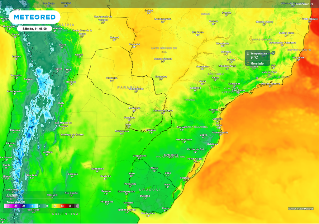 Previsão de temperatura mínima neste sábado (11), de acordo com o ECMWF.