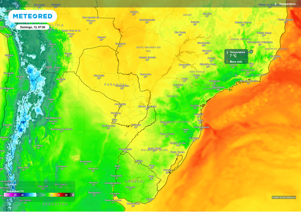 Previsão de temperatura mínima neste domingo (12), de acordo com o ECMWF.