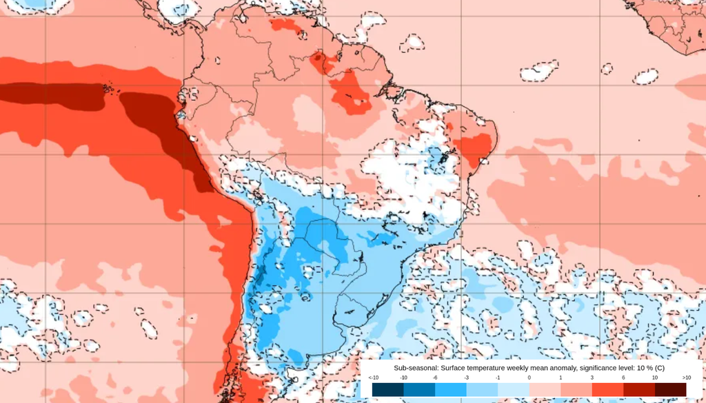 Previsão de anomalia semanal de temperatura entre 26 de outubro e 2 de novembro, segundo o ECMWF. Previsão de anomalia semanal de temperatura entre 26 de outubro e 2 de novembro, segundo o ECMWF.