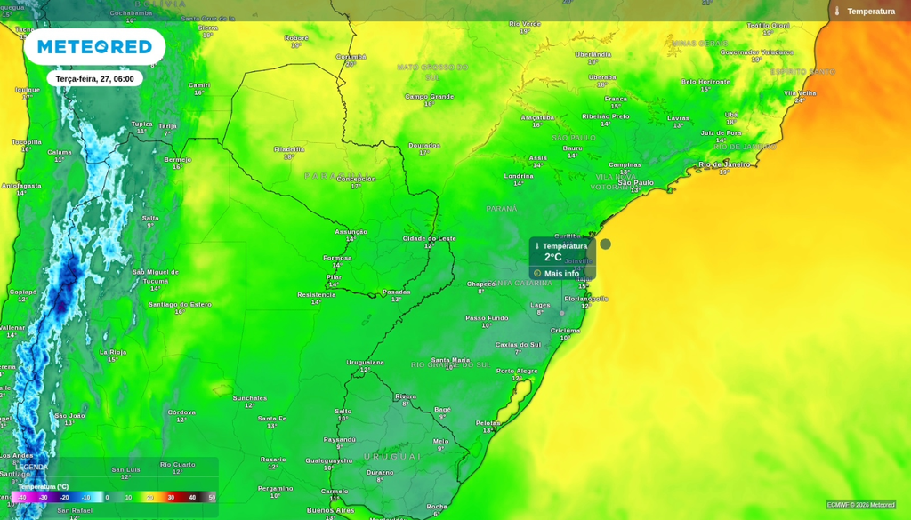 Previsão de temperatura mínima para terça-feira (27), segundo o ECWMF. Previsão de temperatura mínima para terça-feira (27), segundo o ECWMF.