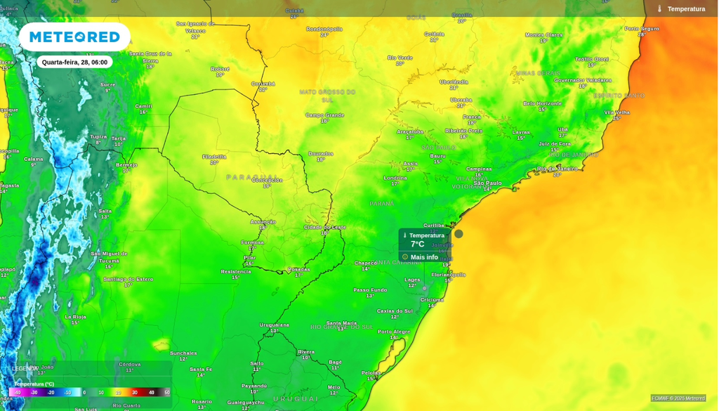 Previsão de temperatura mínima para terça-feira (27), segundo o ECWMF. Previsão de temperatura mínima para terça-feira (27), segundo o ECWMF.