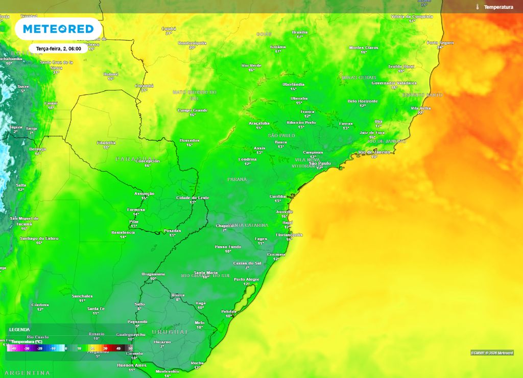 previsão do tempo Temperaturas prevista para o início da manhã da terça-feira, 2 de maio.