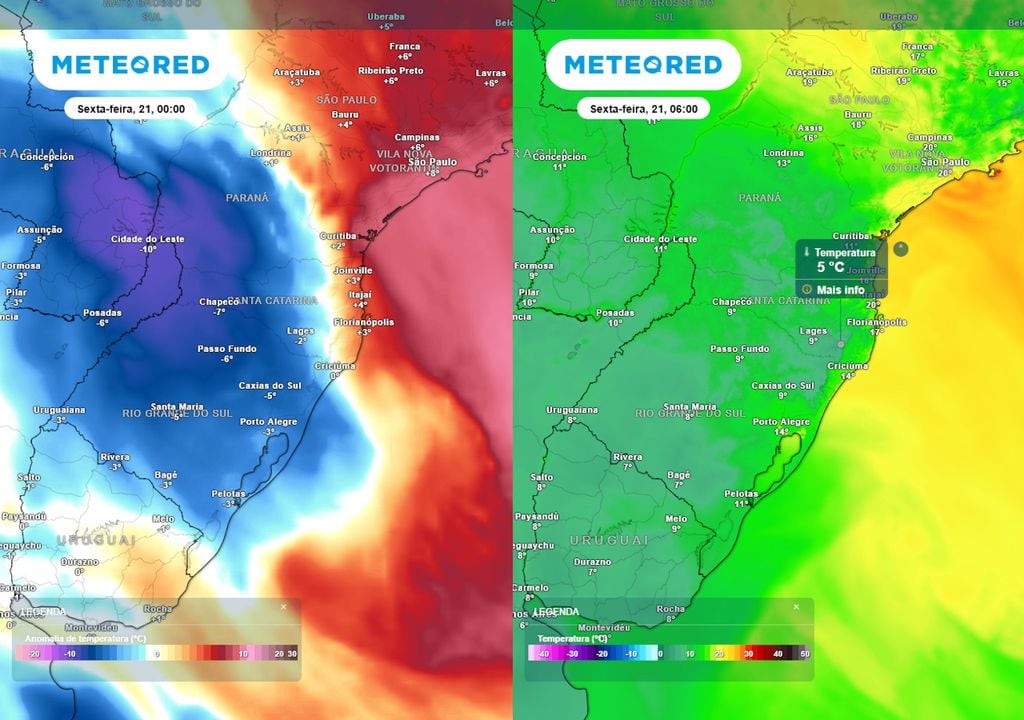 Previsão de anomalias de temperatura em 850 hPa e temperatura mínima na sexta mostram o avanço da primeira massa de ar frio, fazendo as temperaturas caírem e causando geadas leves.