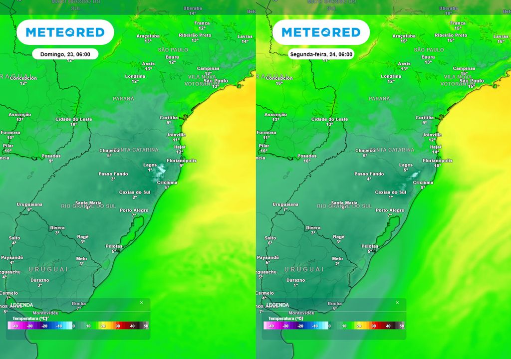 Previsão de temperaturas mínimas no domingo (esquerda) e na segunda-feira (direita) mostra temperaturas mínimas que chegam a valores negativos (cores esbranquiçadas) de até -7°C.