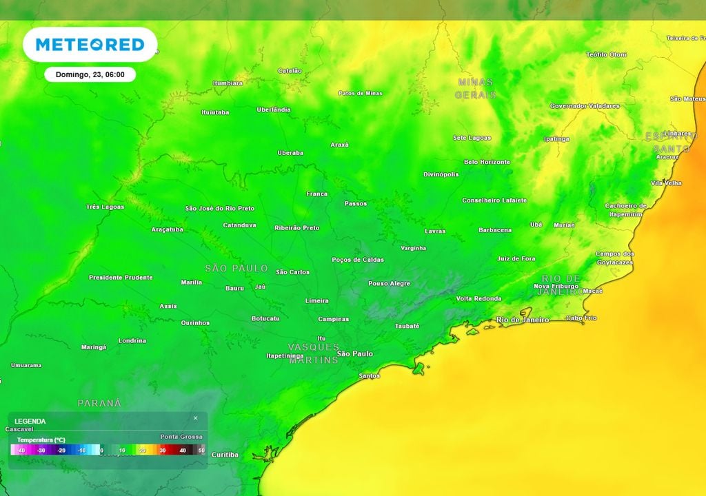Previsão de temperaturas mínimas no Sudeste no domingo mostram mínimas abaixo dos 15°C em várias cidades. No Sul de MG e no Vale do Paraíba, os valores serão ainda menores.