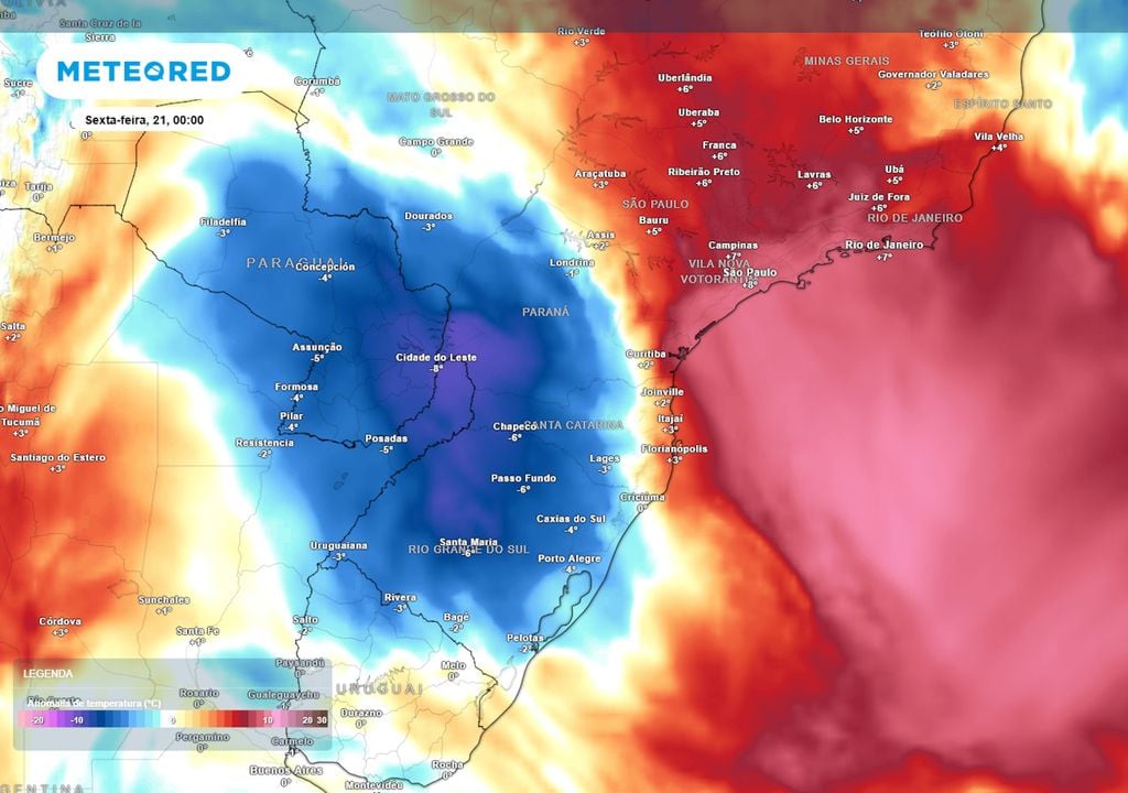 Previsão de anomnalias de temperatura no início da sexta-feira. Previsão de anomnalias de temperatura no início da sexta-feira mostra uma pequena massa de ar frio avançando pela região Sul e pelo MS, fazendo as temperaturas caírem consideravelmente.