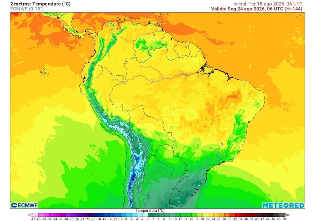 Previsão de temperaturas na segunda-feira de madrugada. Previsão de temperaturas na segunda-feira de madrugada mostra regiões de RS e SC registrando valores negativos, inferiores a 0°C, e frio intenso sobre SP, RJ e parte de MG e do MS.