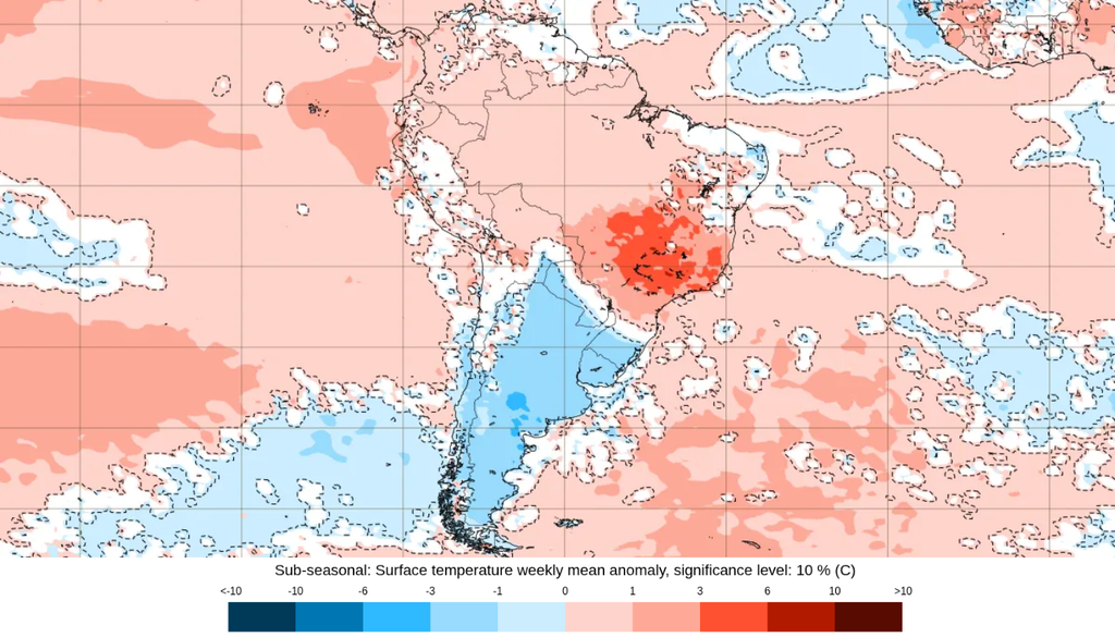 Previsão de anomalia semanal de temperatura (°C), de acordo com o ECMWF. Créditos: ECMWF.