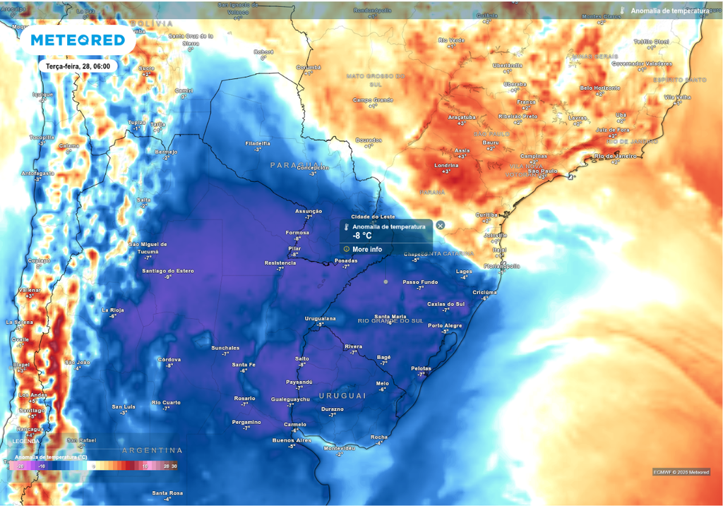 Previsão de anomalia de temperatura para quarta-feira (29), de acordo com o ECMWF.