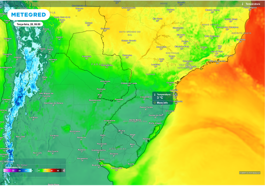 Previsão de temperatura mínima para terça-feira (28), de acordo com o ECMWF.
