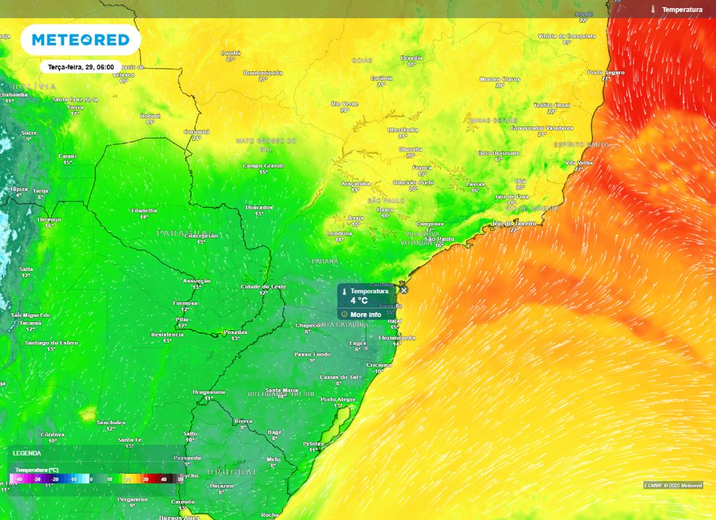 Temperatura mínima prevista para o centro-sul do Brasil na manhã de terça-feira (29). Temperatura mínima prevista para o centro-sul do Brasil na manhã de terça-feira (29).