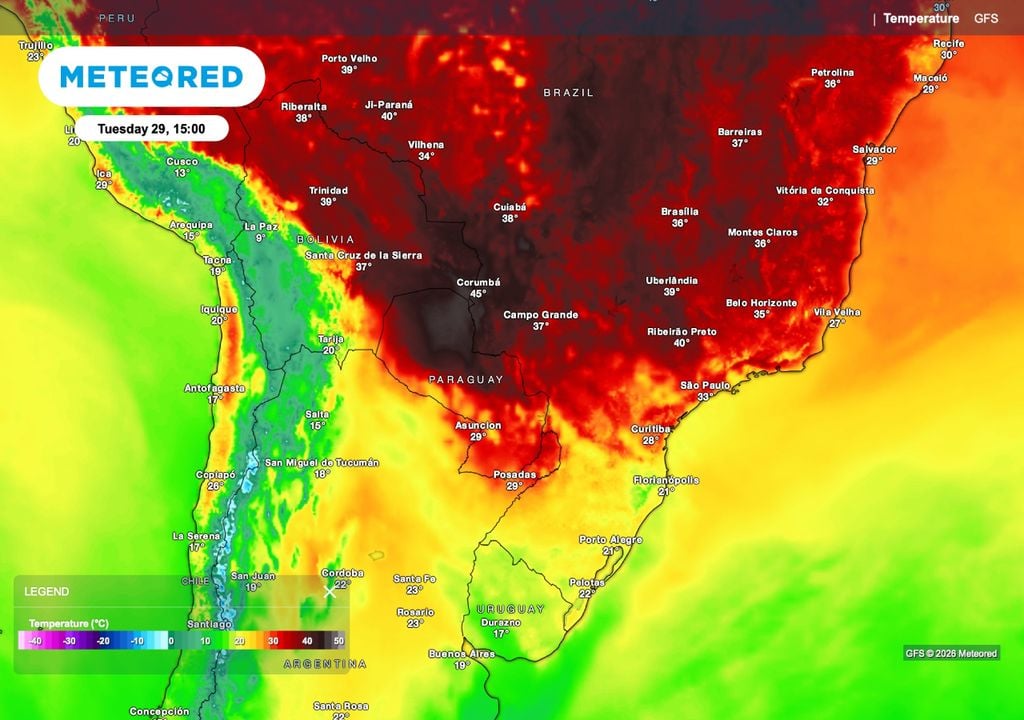 Previsão de temperatura para terça-feira (29), às 15h.