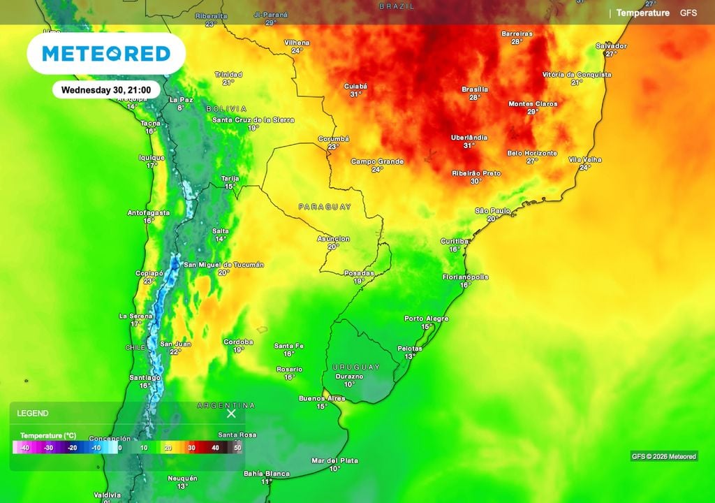 Previsão de temperatura para quarta-feira (30), às 21h.