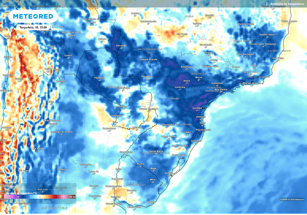 As anomalias de temperatura podem chegar a 8°C abaixo da média, mas não há previsão de frio extremo como vem sendo noticiado em alguns veículos de mídia.