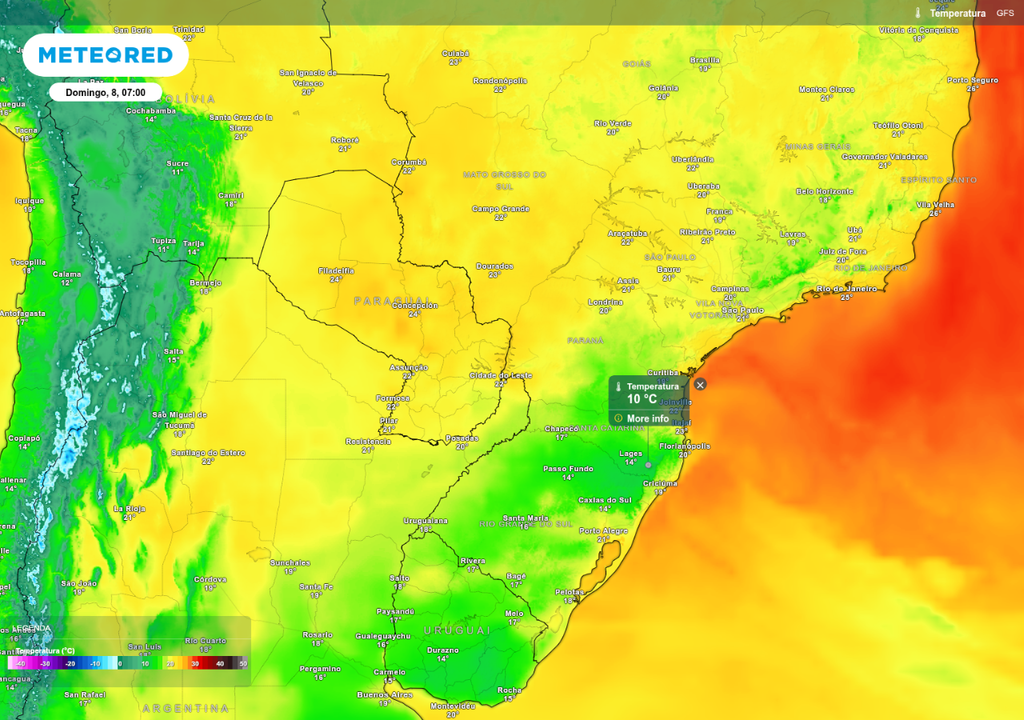 Previsão de temperatura mínima neste domingo (8), de acordo com o modelo GFS.
