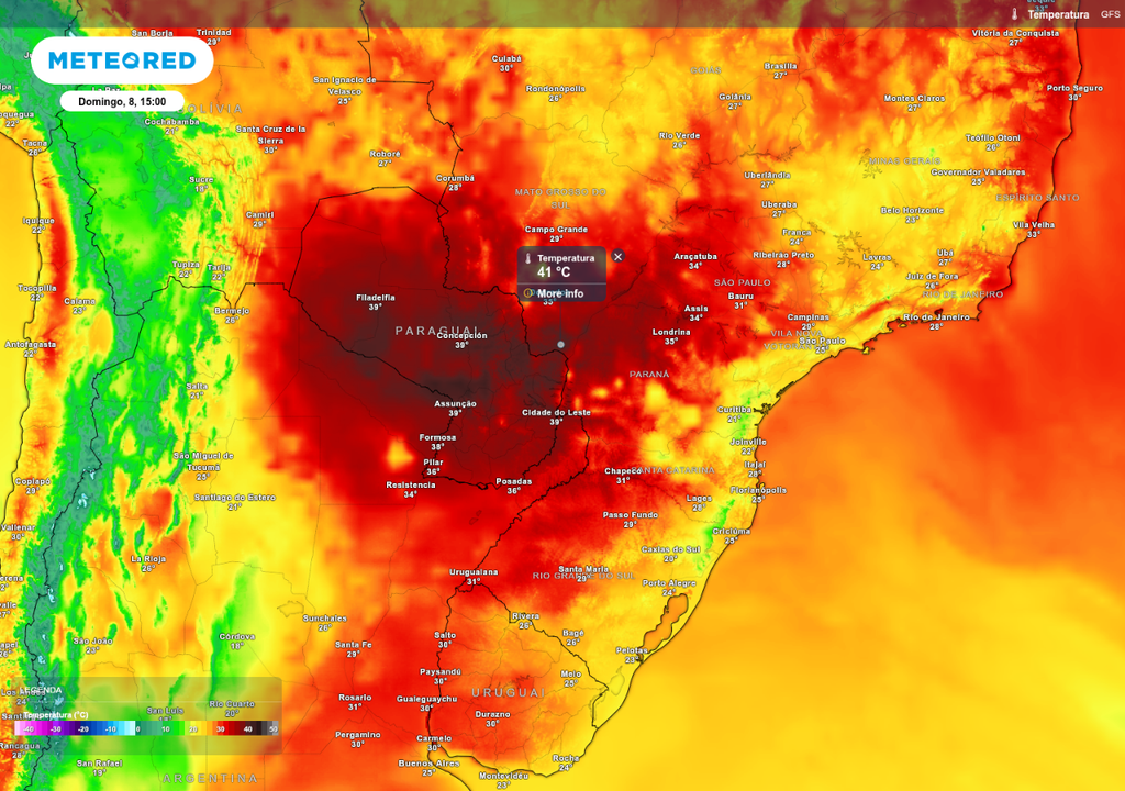 Previsão de temperatura máxima neste domingo (8), de acordo com o modelo GFS.