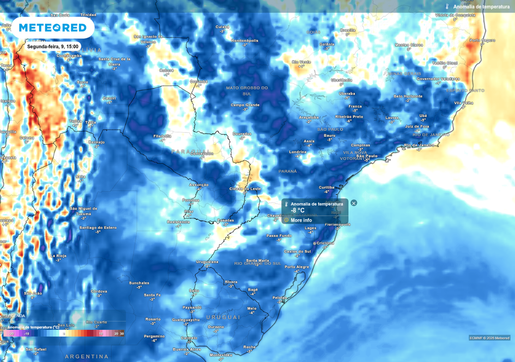 Previsão de anomalia de temperatura na tarde de segunda-feira (9), de acordo com o modelo ECMWF.