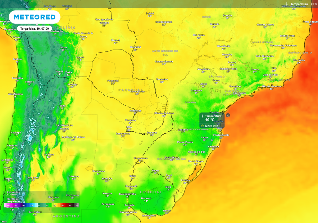 Previsão de temperatura mínima terça-feira (10), de acordo com o modelo GFS.