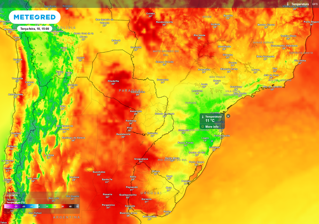 Previsão de temperatura máxima terça-feira (10), de acordo com o modelo GFS.