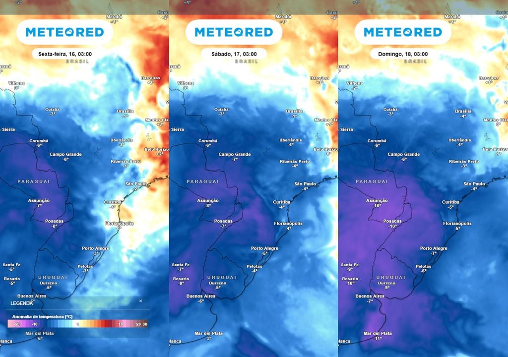 Previsão de anomalias de temperatura em 850 hPa na sexta, sábado e domingo. Previsão de anomalias de temperatura em 850 hPa na sexta, sábado e domingo mostra o avanço da massa de ar frio, que passa a abranger uma grande parte do Brasil no fim de semana.