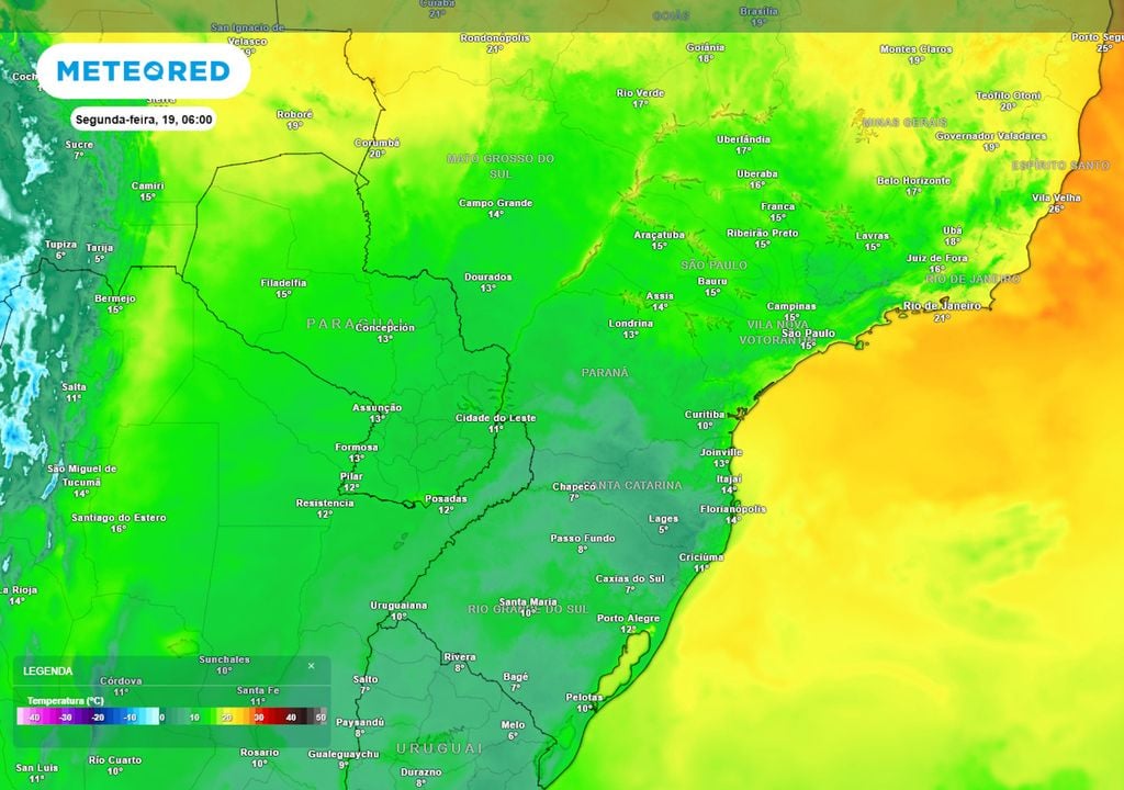 Previsão de temperaturas mínimas na segunda-feira. Previsão de temperaturas mínimas na segunda-feira mostra que as temperaturas vão cair consideravelmente no centro-sul do país ao longo do final de semana, com risco de geadas no Sul.