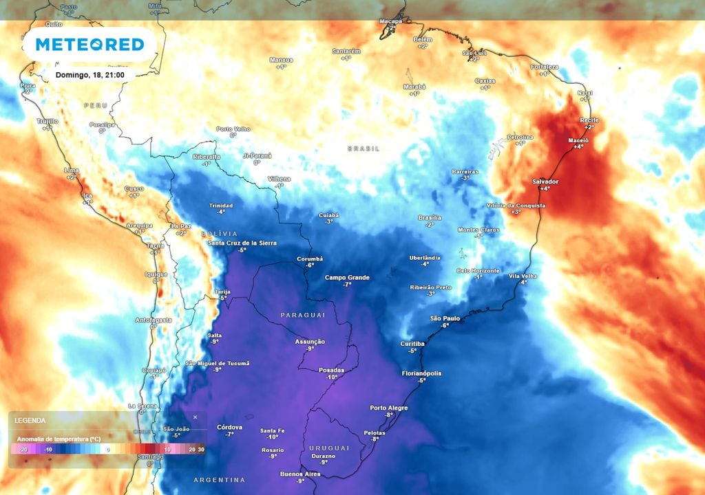 Previsão de anomalias de temperatura em 850 hPa no domingo de noite. Previsão de anomalias de temperatura em 850 hPa no domingo de noite mostra que a abrangência da massa de ar frio será capaz de chegar até mesmo às regiões Norte e Nordeste.