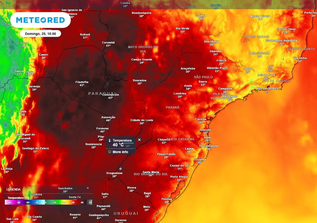 Previsão de temperatura máxima no próximo domingo ilustra quais regiões serão mais severamente atingidas pelo calor, com destaque para municípios ao oeste de RS e SC e norte de PR.