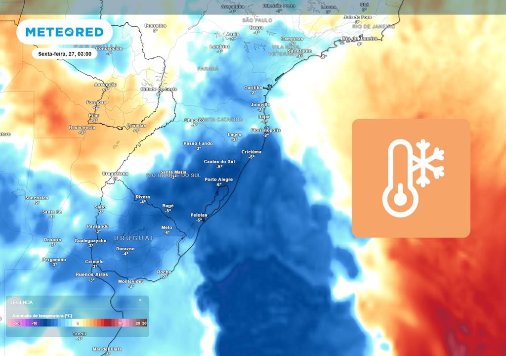 Previsão de anomalias de temperatura em 850 hPa na sexta-feira de madrugada mostra uma massa de ar frio avançando pela região Sul e fazendo as temperaturas caírem em RS, SC e PR.