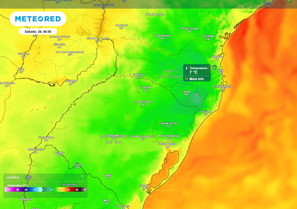 Previsão de temperaturas mínimas no sábado de manhã mostra que as mínimas podem chegam a até 7°C na região da serra catarinense. Em outros municípios, chegam a até 12°C.