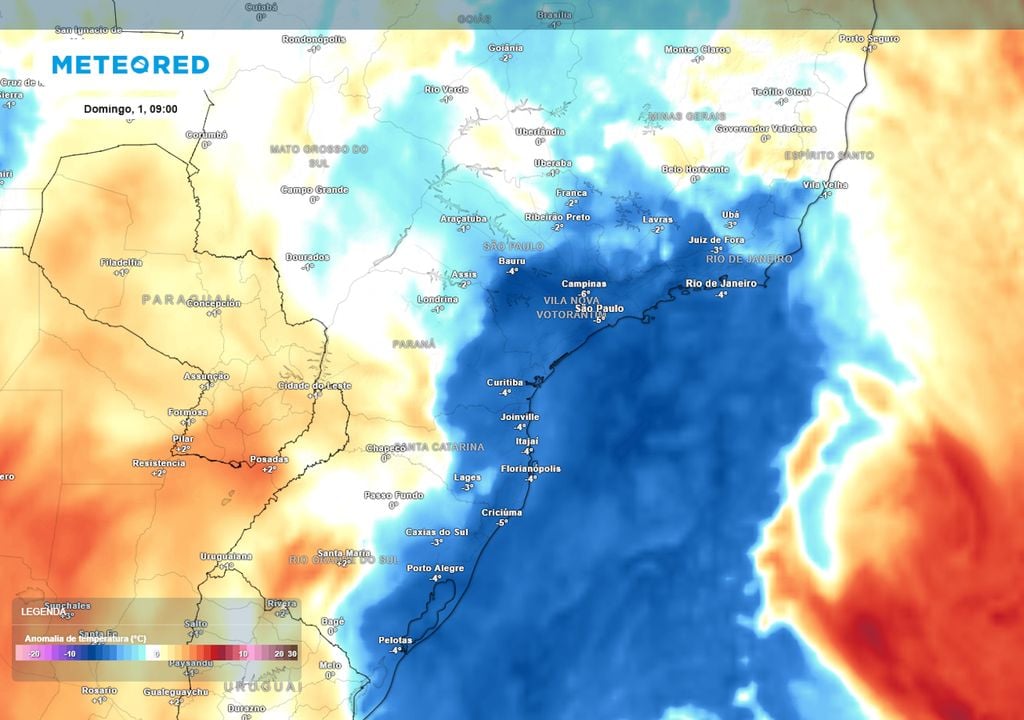 Previsão de anomalias de temperatura em 850 hPa no domingo de manhã mostra a massa de ar frio avançando pela região Sudeste e fazendo as temperaturas caírem em SP, RJ, MG e sul do ES.