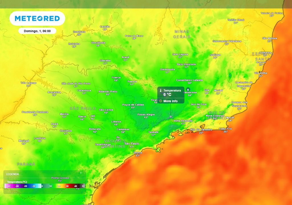 Previsão de temperaturas mínimas no domingo de manhã mostra que as mínimas podem chegam a até 6°C na região da serra da Mantiqueira. Em outros municípios, chegam a até 11°C.