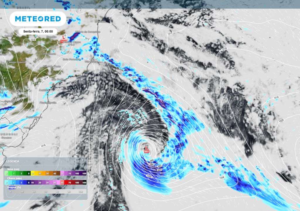 Previsão de ventos, pressão, nebulosidade e chuva no final da quinta-feira.