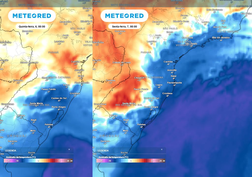 Previsão de anomalias de temperatura em 850 hPa no final da quarta-feira (esquerda) e quinta-feira (direita).