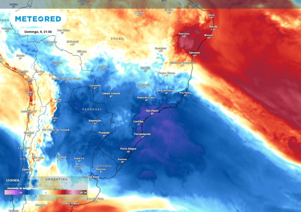 Previsão de anomalias de temperatura em 850 hPa no domingo durante a noite.