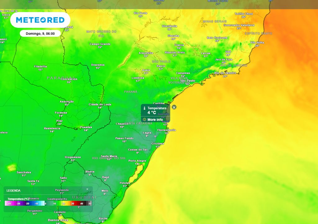 Previsão de temperaturas mínimas no Domingo durante a madrugada.