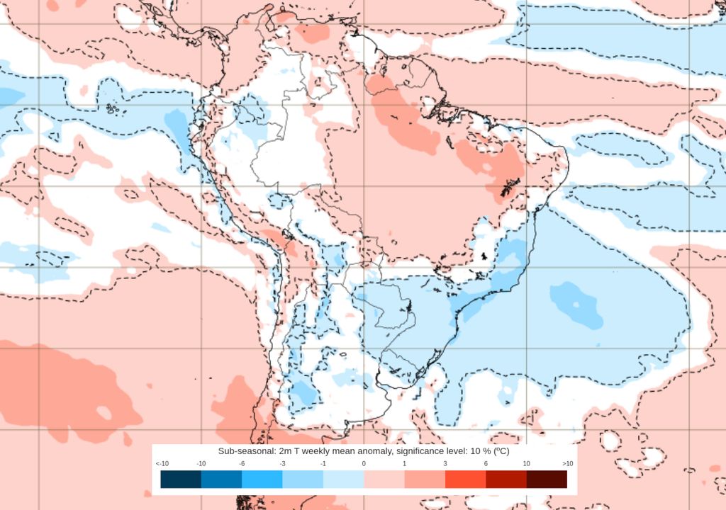 Previsão de anomalias de temperatura entre os dias 10 e 17 de Novembro.