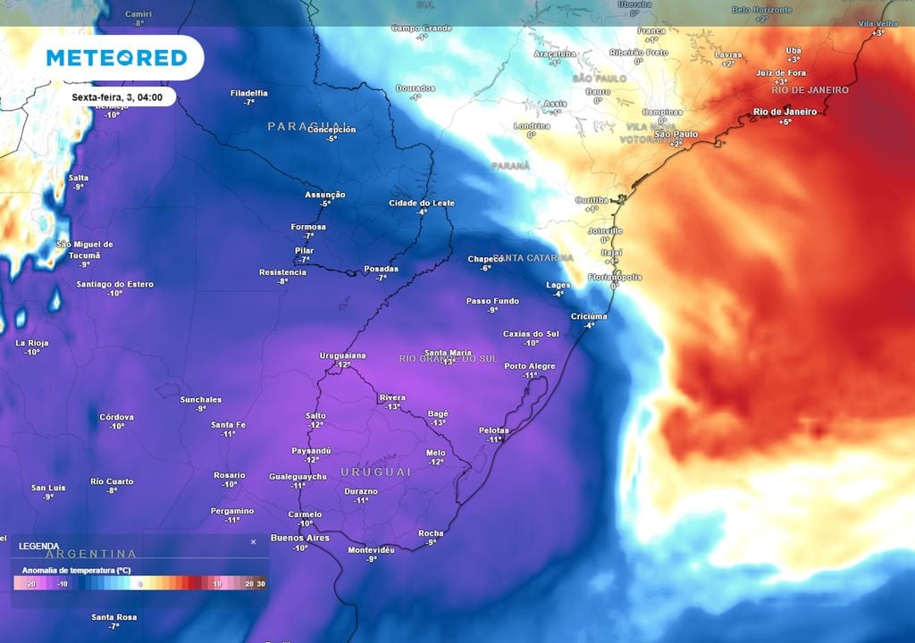 Previsão de anomalias de temperatura em 850 hPa na sexta-feira. Previsão de anomalias de temperatura em 850 hPa na sexta-feira mostra uma intensa massa de ar frio avançando pela região Sul ao longo dos próximos dias, trazendo mudanças no tempo.