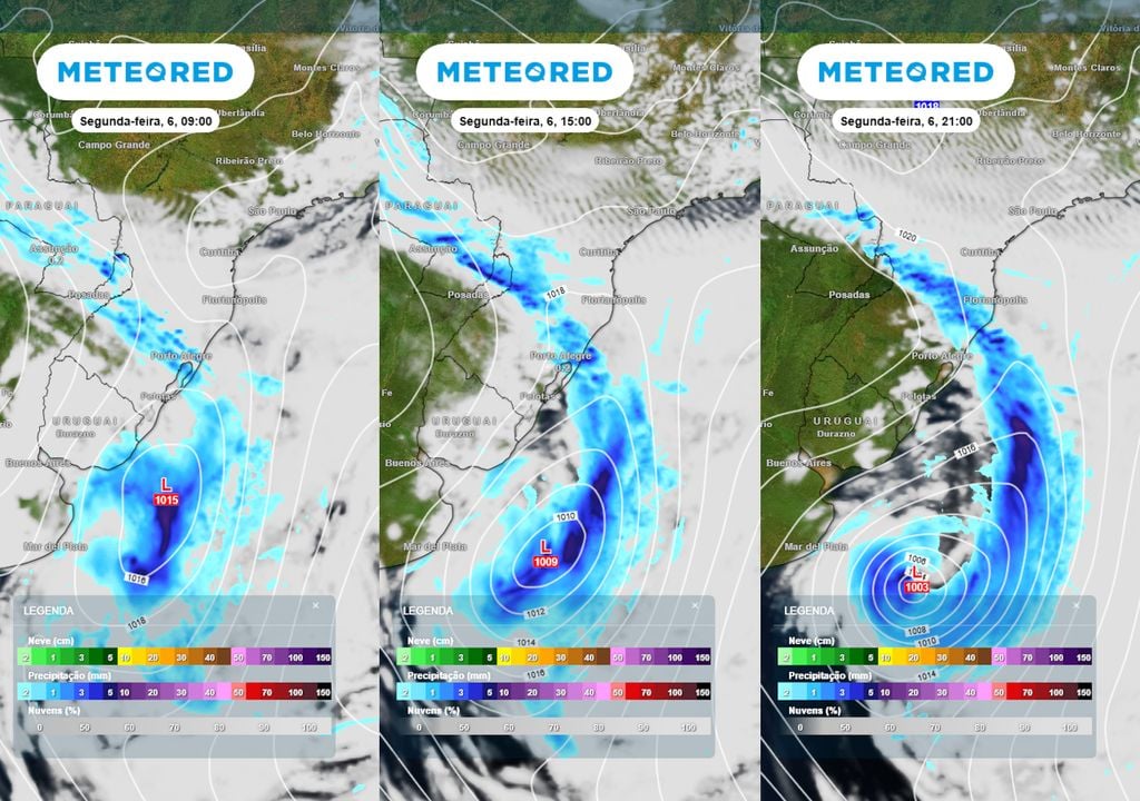 Previsão de pressão, nebulosidade e chuva na segunda-feira de manhã, tarde e noite. Previsão de pressão, nebulosidade e chuva na segunda-feira de manhã, tarde e noite mostra a evolução e o avanço do sistema ao longo do dia, trazendo chuvas para a região Sul.