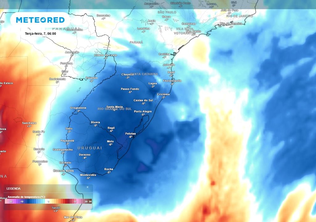 Previsão de anomalias de temperatura em 850 hpa na terça-fera da semana que vem. Previsão de anomalias de temperatura em 850 hpa na terça-fera da semana que vem mostra o avanço de uma nova massa de ar frio, que volta a trazer tempo frio, seco e firme ao Sul.