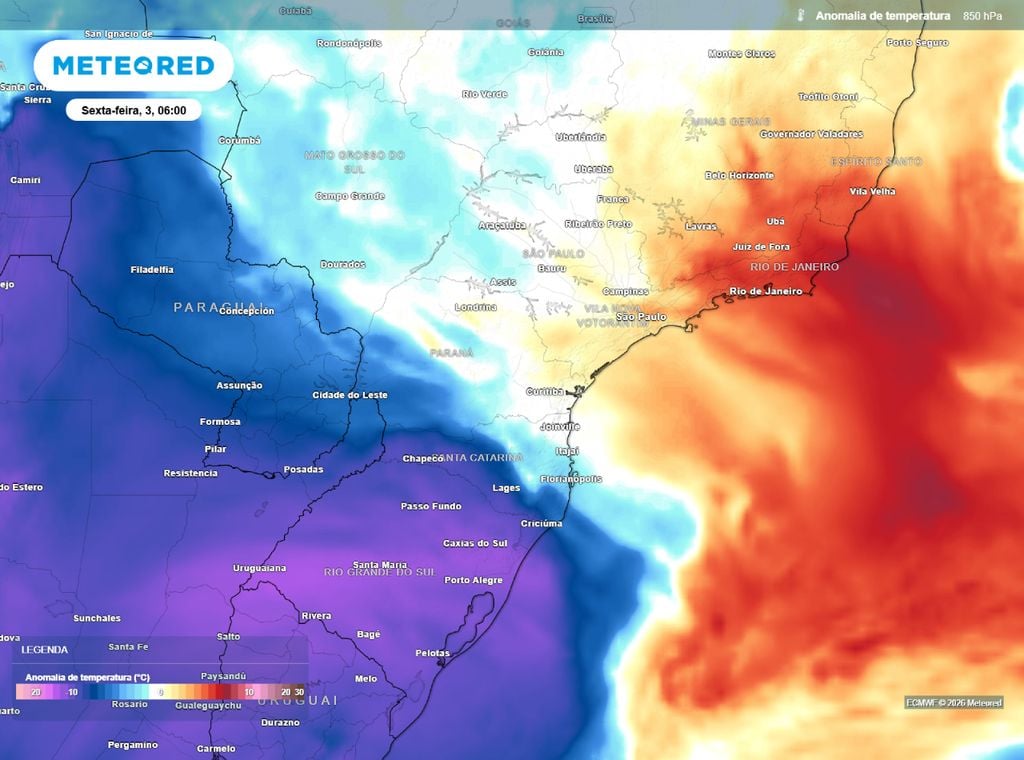 Anomalia de temperatura em 850 hPa. Massa de ar frio avança pelo Sul do Brasil e provoca queda acentuada nas temperaturas da Região.
