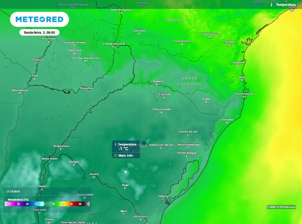 mínima prevista pra sexta-feira (3). Amanhecer de sexta-feira (3) com temperaturas abaixo de 0°C no RS.