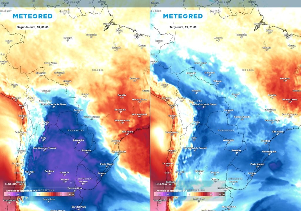 Previsão de anomalias de temperatura no final do domingo (esquerda) e da terça-feira (direita) mostra a abrangência da massa de ar polar, que provocará forte queda das temperaturas.