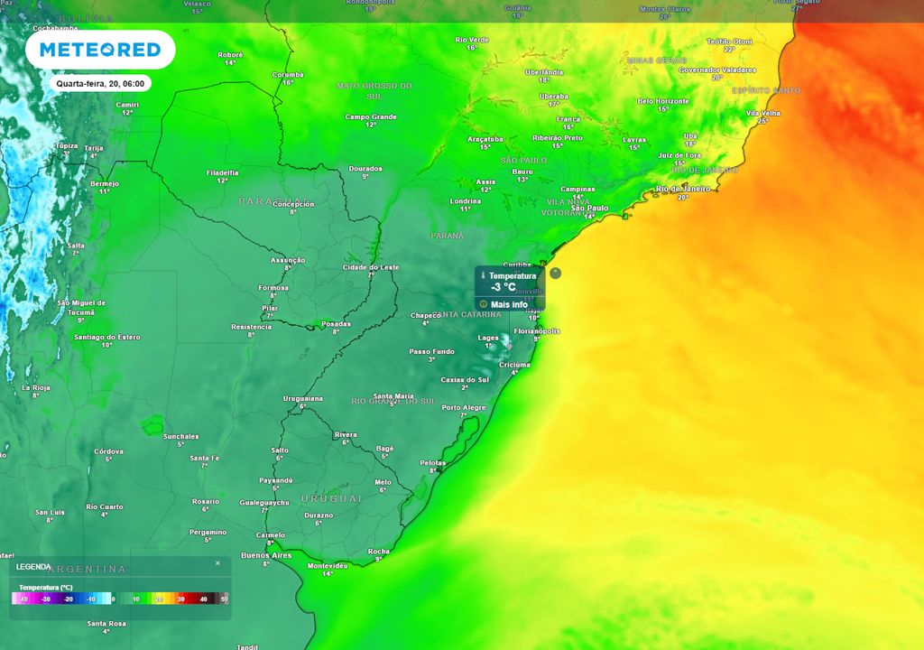 Previsão de temperaturas mínimas durante a madrugada de terça-feira indica ocorrência de temperaturas negativas em diversos municípios do Rio Grande do Sul e de Santa Catarina.