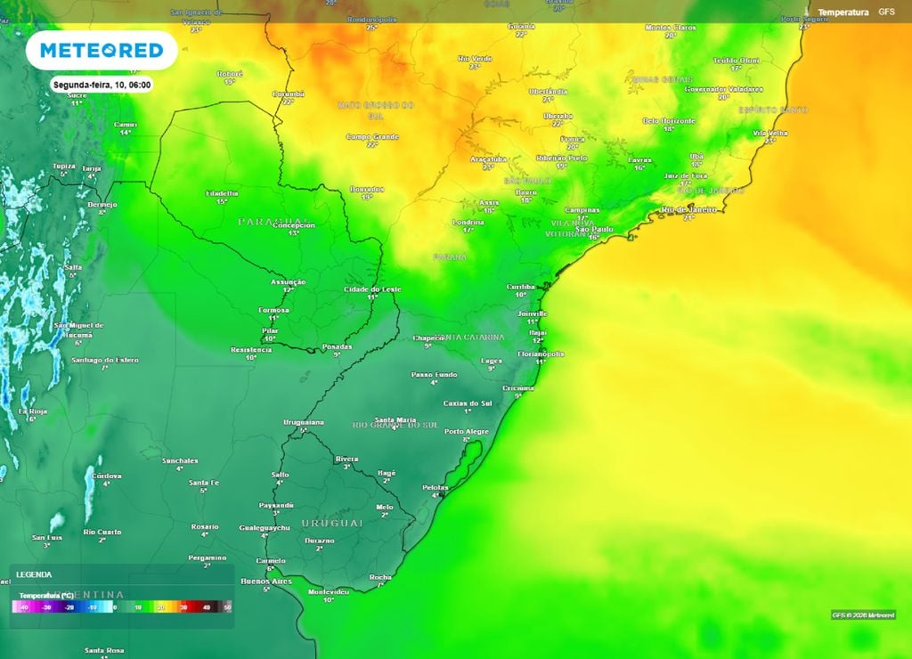 massa de ar frio Temperaturas no início da manhã da segunda-feira, 10 de agosto.
