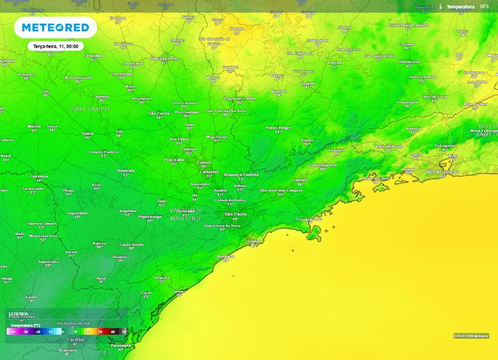 frio Temperaturas mínimas para o centro-leste de São Paulo e para o Rio de Janeiro da segunda-feira, 10 de agosto.