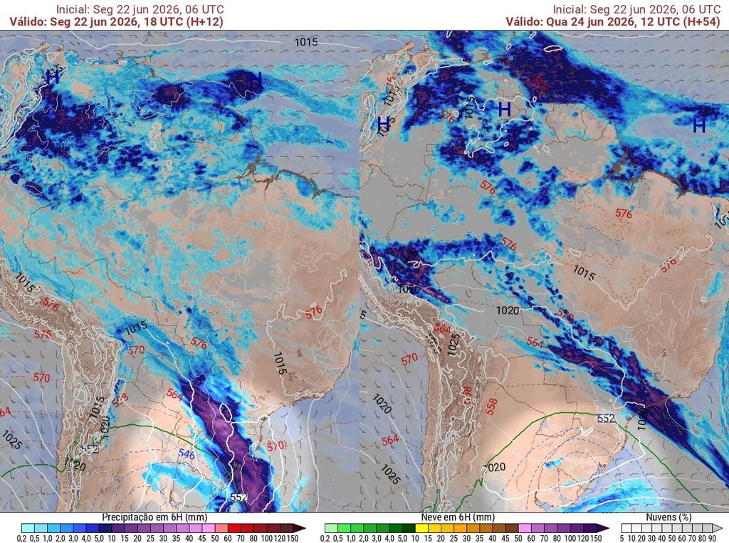 Previsão de chuvas junto à isoterma de 0°C na segunda-feira (esquerda) e quarta-feira (direita). Previsão de chuvas junto à isoterma de 0°C na segunda-feira (esquerda) e quarta-feira (direita) mostra que haverá condições para formação de precipitação invernal, como neve.