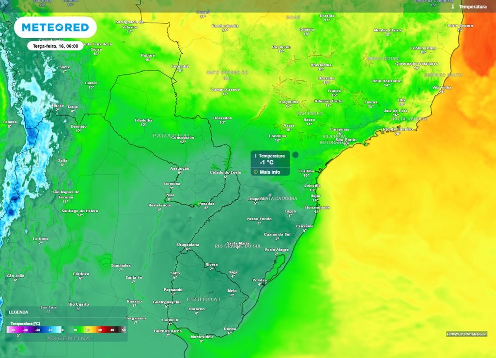 Previsão de temperaturas mínimas para a terça-feira, 16 de junho.