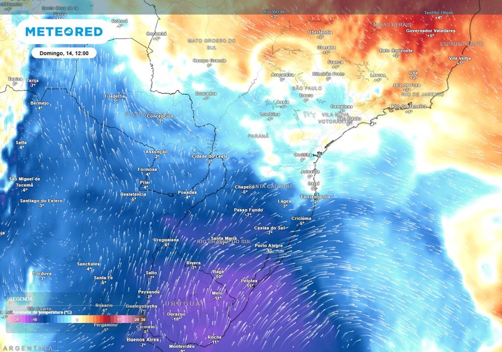 Previsão de anomalias de temperatura em 850 hPa no domingo durante a manhã Previsão de anomalias de temperatura em 850 hPa no domingo durante a manhã mostra a massa de ar frio avançando por boa parte do centro-sul do Brasil já no próprio domingo.