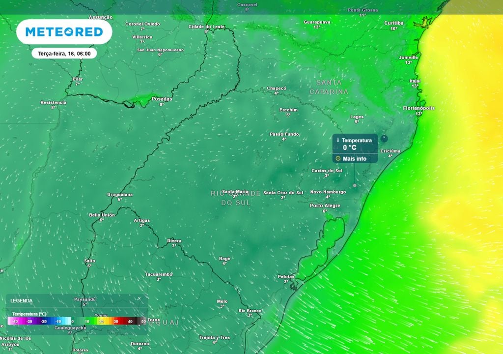 Previsão de temperaturas mínimas na terça-feira durante a madrugada. Previsão de temperaturas mínimas na terça-feira durante a madrugada mostra que os termômetros em grande parte do Rio Grande do Sul chegarão a 0°C, formando geadas abrangentes.